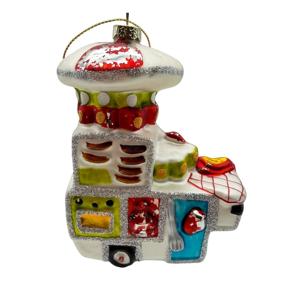 Blown Glass Hot Dog Stand Food Cart Christmas Ornament Glitter Accents Whimsical